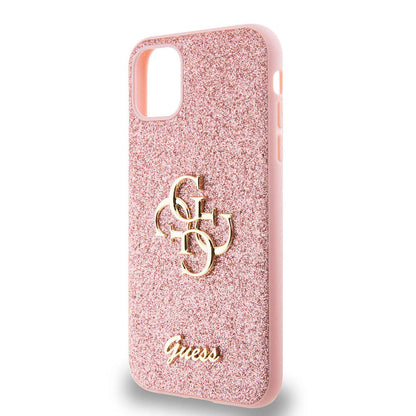 Apple iPhone 11 Kılıf Guess Orjinal Lisanslı 4G Büyük Metal Logolu Glitter Kapak Pembe