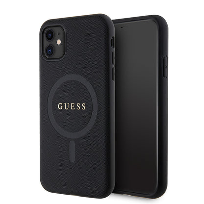 Apple iPhone 11 Kılıf Guess Orjinal Lisanslı M-safe Şarj Özellikli Yazı Logolu Saffiano Classic Kapak Siyah