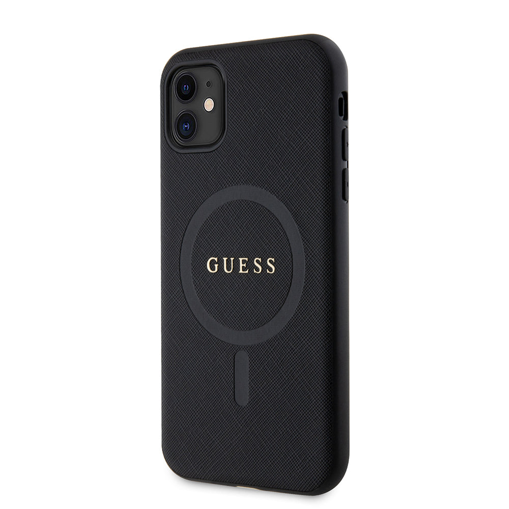 Apple iPhone 11 Kılıf Guess Orjinal Lisanslı M-safe Şarj Özellikli Yazı Logolu Saffiano Classic Kapak Siyah