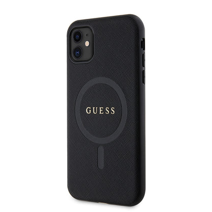 Apple iPhone 11 Kılıf Guess Orjinal Lisanslı M-safe Şarj Özellikli Yazı Logolu Saffiano Classic Kapak Siyah