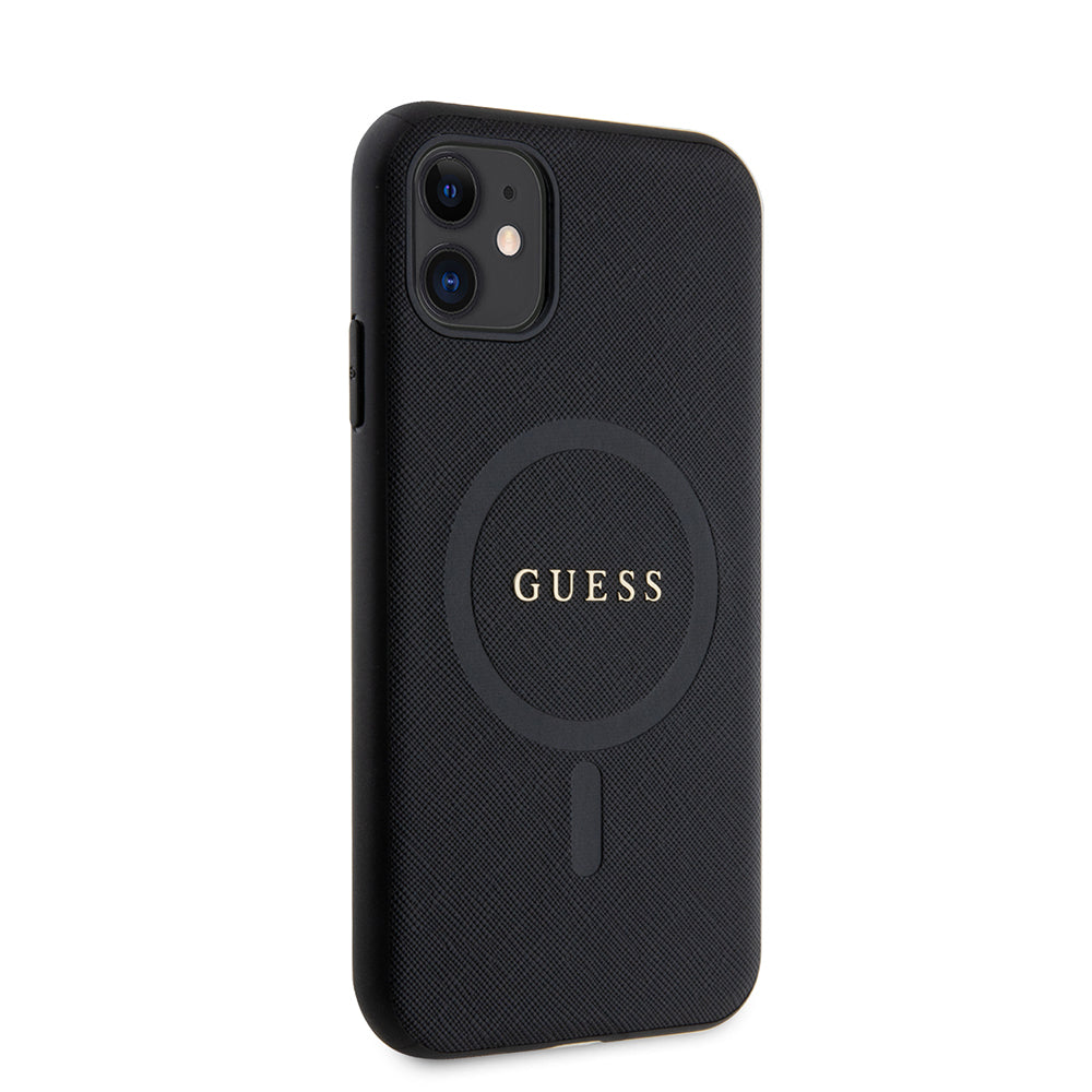 Apple iPhone 11 Kılıf Guess Orjinal Lisanslı M-safe Şarj Özellikli Yazı Logolu Saffiano Classic Kapak Siyah
