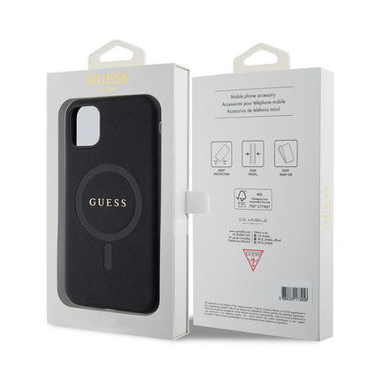 Apple iPhone 11 Kılıf Guess Orjinal Lisanslı M-safe Şarj Özellikli Yazı Logolu Saffiano Classic Kapak Siyah