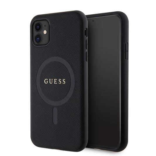 Apple iPhone 11 Kılıf Guess Orjinal Lisanslı M-safe Şarj Özellikli Yazı Logolu Saffiano Classic Kapak Siyah