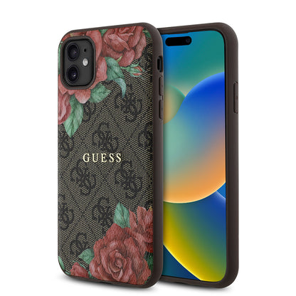 Apple iPhone 11 Kılıf Guess Orjinal Lisanslı M-safe Uyumlu Gül Baskılı 4G Desenli Yazı Logolu Kapak Siyah