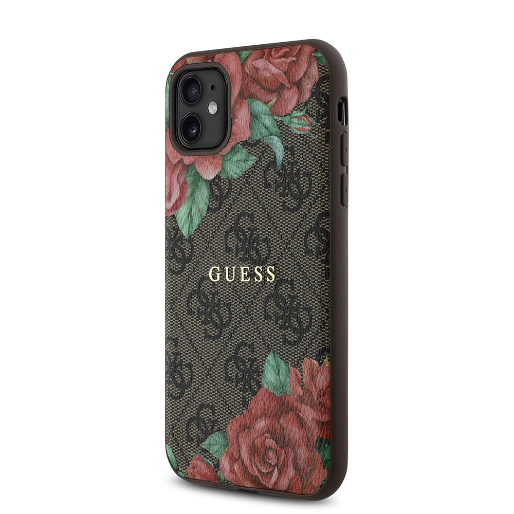 Apple iPhone 11 Kılıf Guess Orjinal Lisanslı M-safe Uyumlu Gül Baskılı 4G Desenli Yazı Logolu Kapak Kahverengi