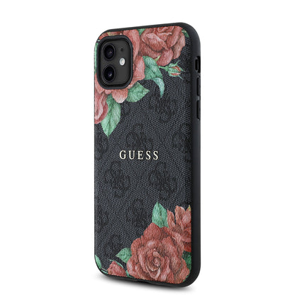 Apple iPhone 11 Kılıf Guess Orjinal Lisanslı M-safe Uyumlu Gül Baskılı 4G Desenli Yazı Logolu Kapak Kahverengi