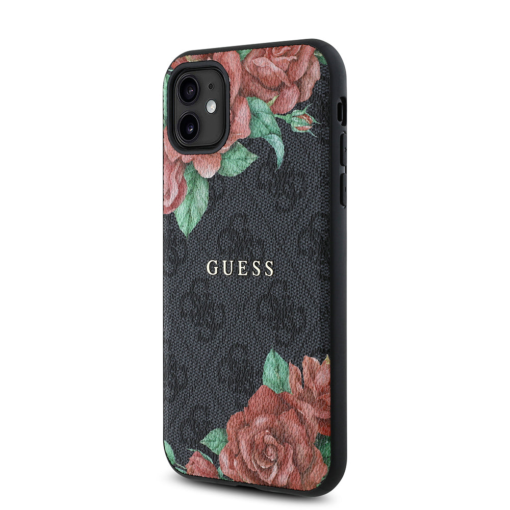 Apple iPhone 11 Kılıf Guess Orjinal Lisanslı M-safe Uyumlu Gül Baskılı 4G Desenli Yazı Logolu Kapak Siyah