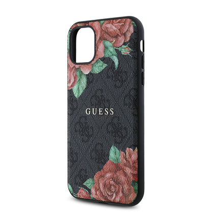 Apple iPhone 11 Kılıf Guess Orjinal Lisanslı M-safe Uyumlu Gül Baskılı 4G Desenli Yazı Logolu Kapak Kahverengi