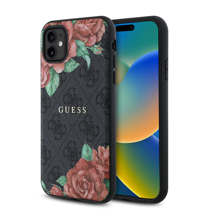 Apple iPhone 11 Kılıf Guess Orjinal Lisanslı M-safe Uyumlu Gül Baskılı 4G Desenli Yazı Logolu Kapak Siyah