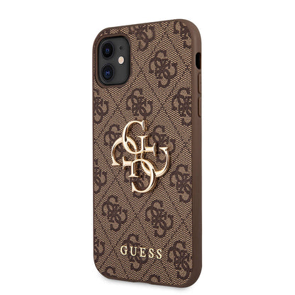 Apple iPhone 11 Kılıf Guess PU Deri Büyük Metal Logo Dizaynlı Kapak Kahverengi