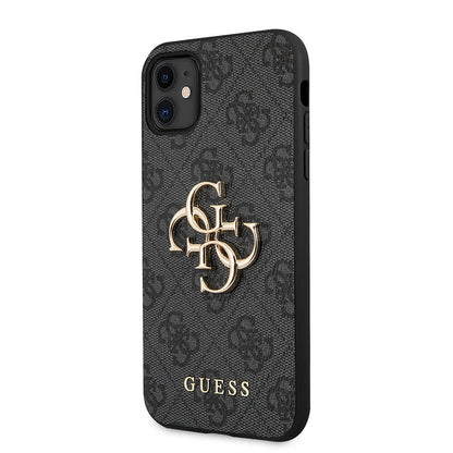 Apple iPhone 11 Kılıf Guess PU Deri Büyük Metal Logo Dizaynlı Kapak Gri