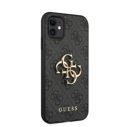 Apple iPhone 11 Kılıf Guess PU Deri Büyük Metal Logo Dizaynlı Kapak Gri