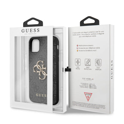 Apple iPhone 11 Kılıf Guess PU Deri Büyük Metal Logo Dizaynlı Kapak Gri