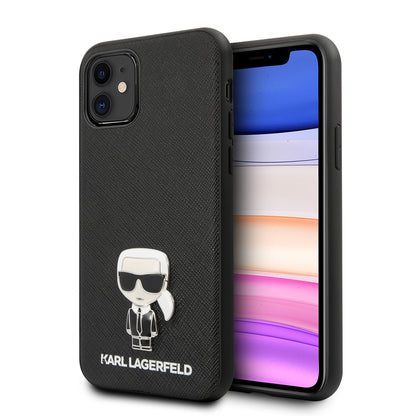 Apple iPhone 11 Kılıf Karl Lagerfeld PU Suni Deri Karl Dizayn Kapak Siyah