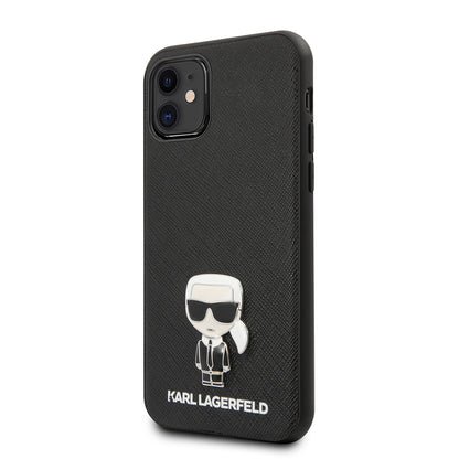 Apple iPhone 11 Kılıf Karl Lagerfeld PU Suni Deri Karl Dizayn Kapak Siyah