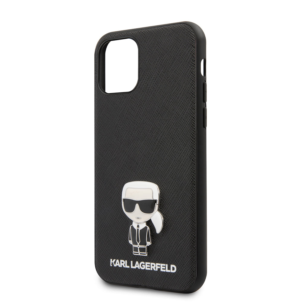 Apple iPhone 11 Kılıf Karl Lagerfeld PU Suni Deri Karl Dizayn Kapak Siyah