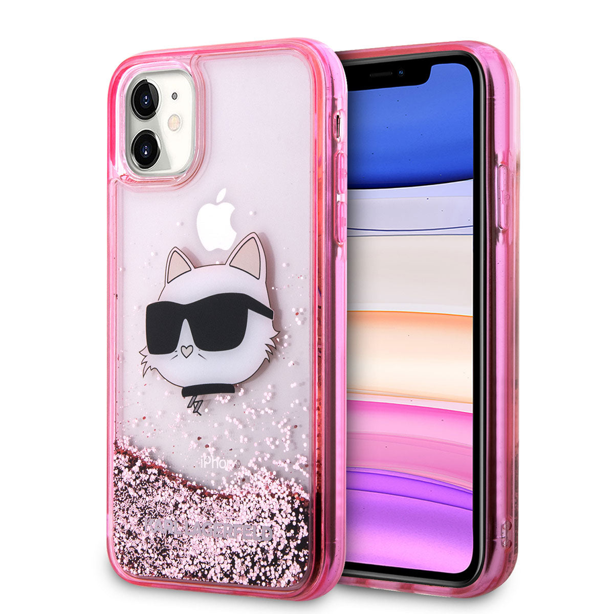 Apple iPhone 11 Kılıf Karl Lagerfeld Sıvılı Simli Choupette Head Dizayn Kapak Pembe