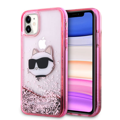 Apple iPhone 11 Kılıf Karl Lagerfeld Sıvılı Simli Choupette Head Dizayn Kapak Pembe