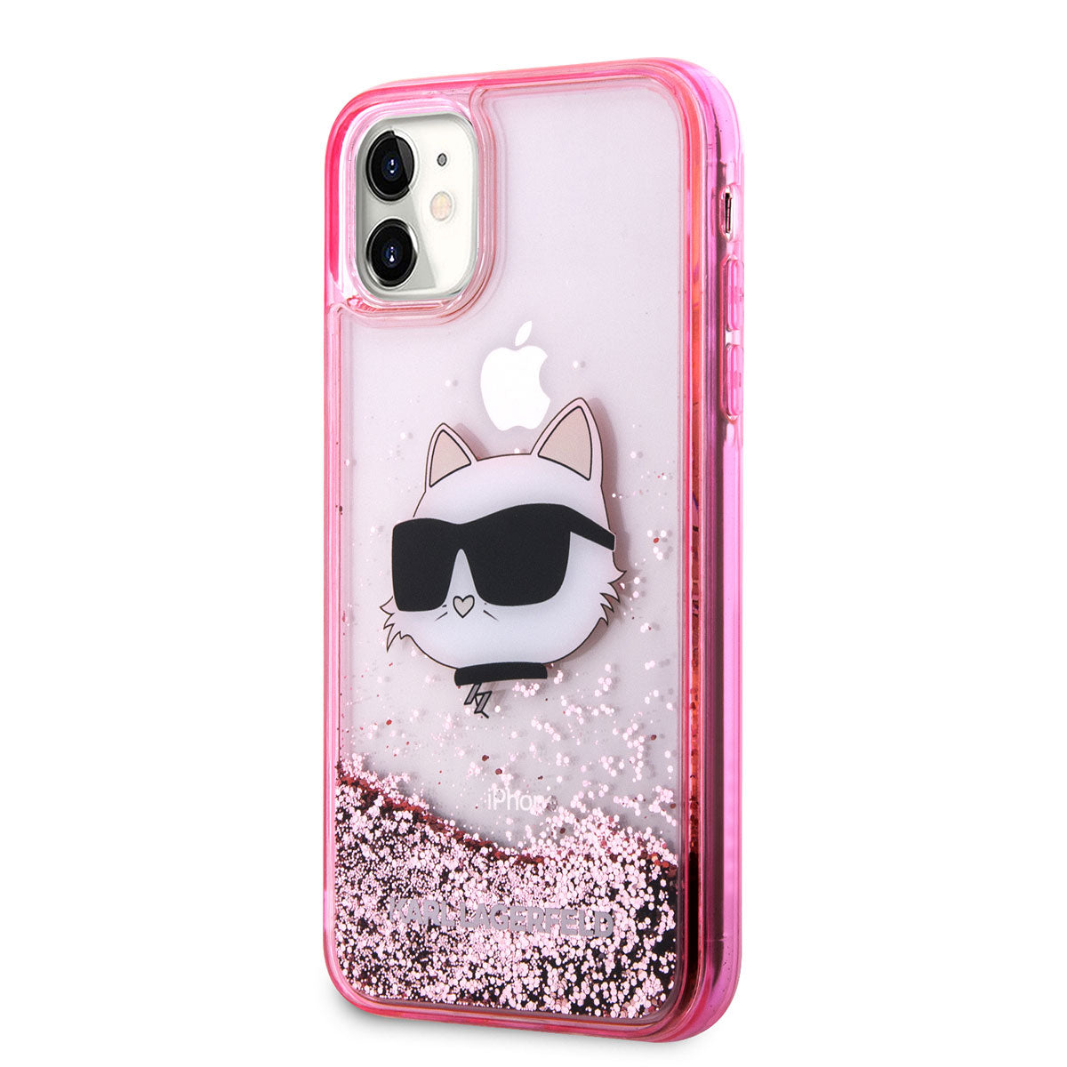 Apple iPhone 11 Kılıf Karl Lagerfeld Sıvılı Simli Choupette Head Dizayn Kapak Pembe