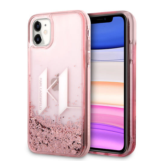 Apple iPhone 11 Kılıf Karl Lagerfeld Sıvılı Simli Dizayn Kapak Pembe