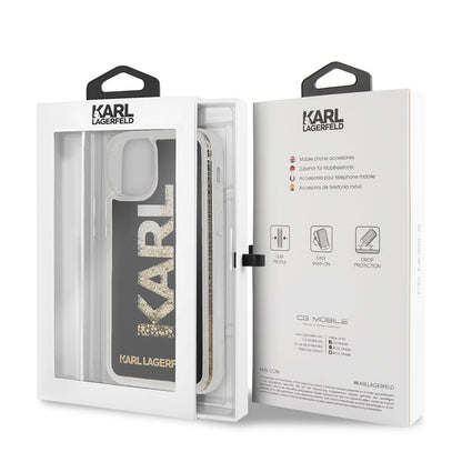 Apple iPhone 11 Kılıf Karl Lagerfeld Sıvılı Simli Logo Dizayn Kapak Siyah-Gold