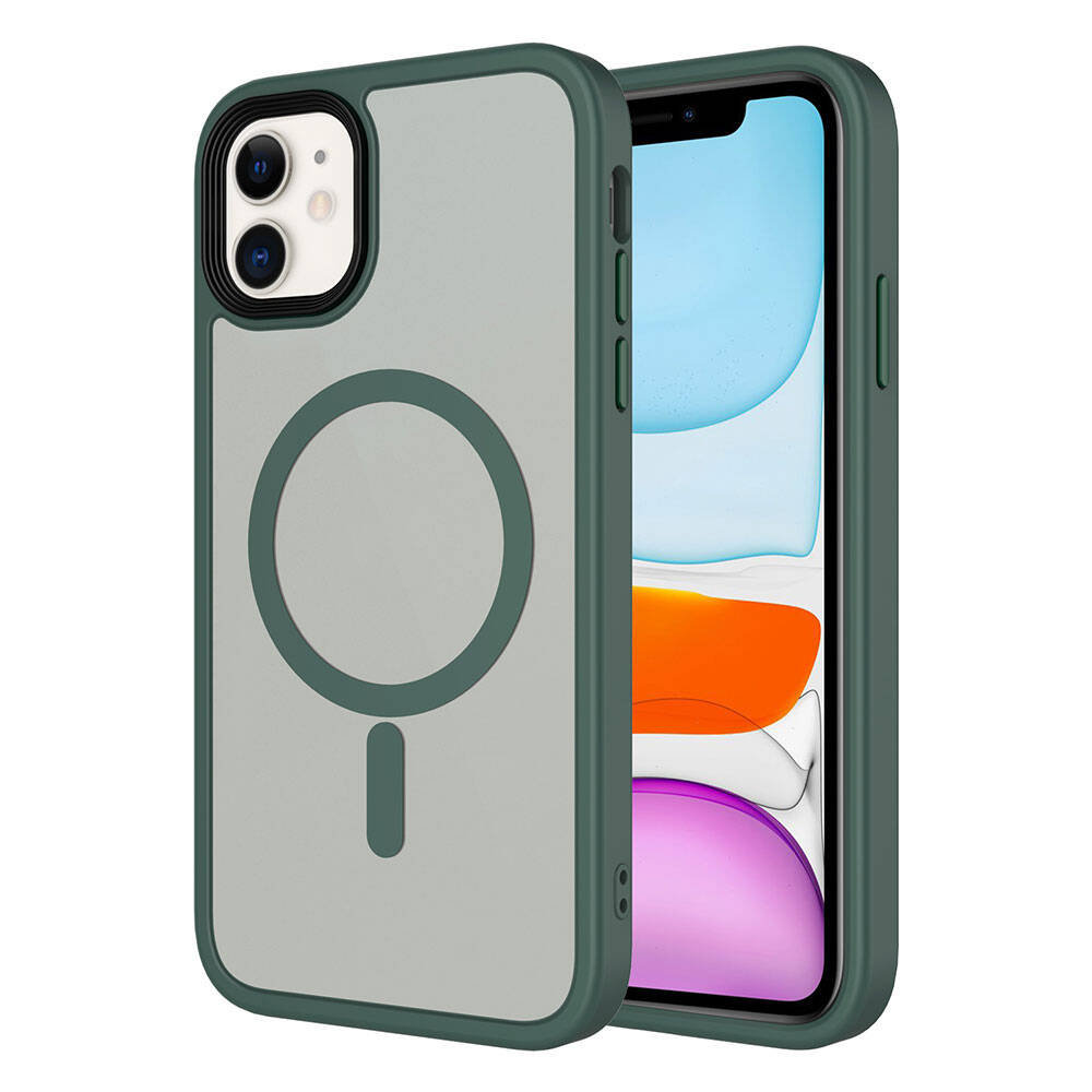 Apple iPhone 11 Kılıf Mat Arka Yüzey Wireless Şarj Özellikli Zore Flet M-safe Kapak Koyu Yeşil