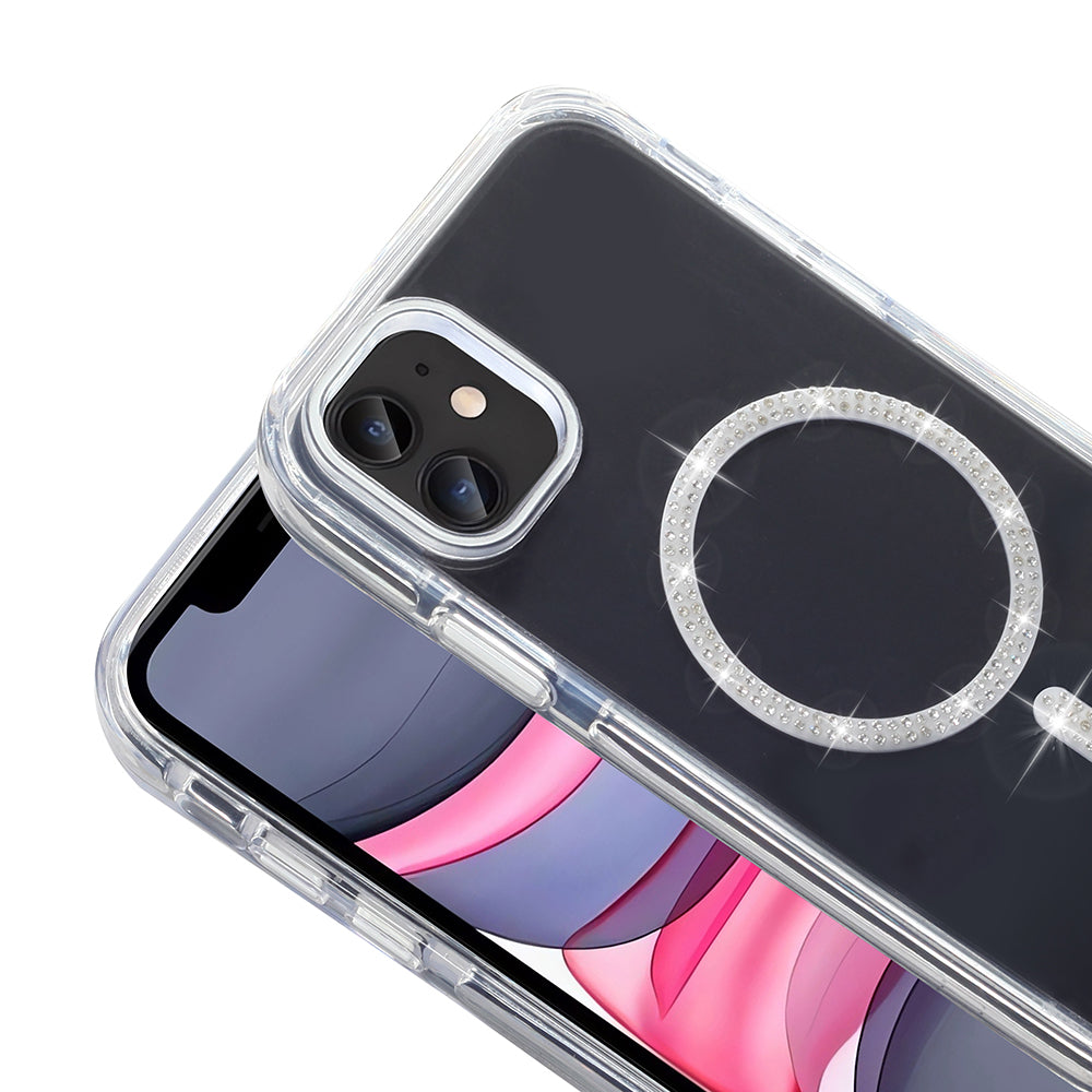 Apple iPhone 11 Kılıf Taşlı Tasarım M-safe Şarj Özellikli Zore Koment Silikon Kapak Gümüş