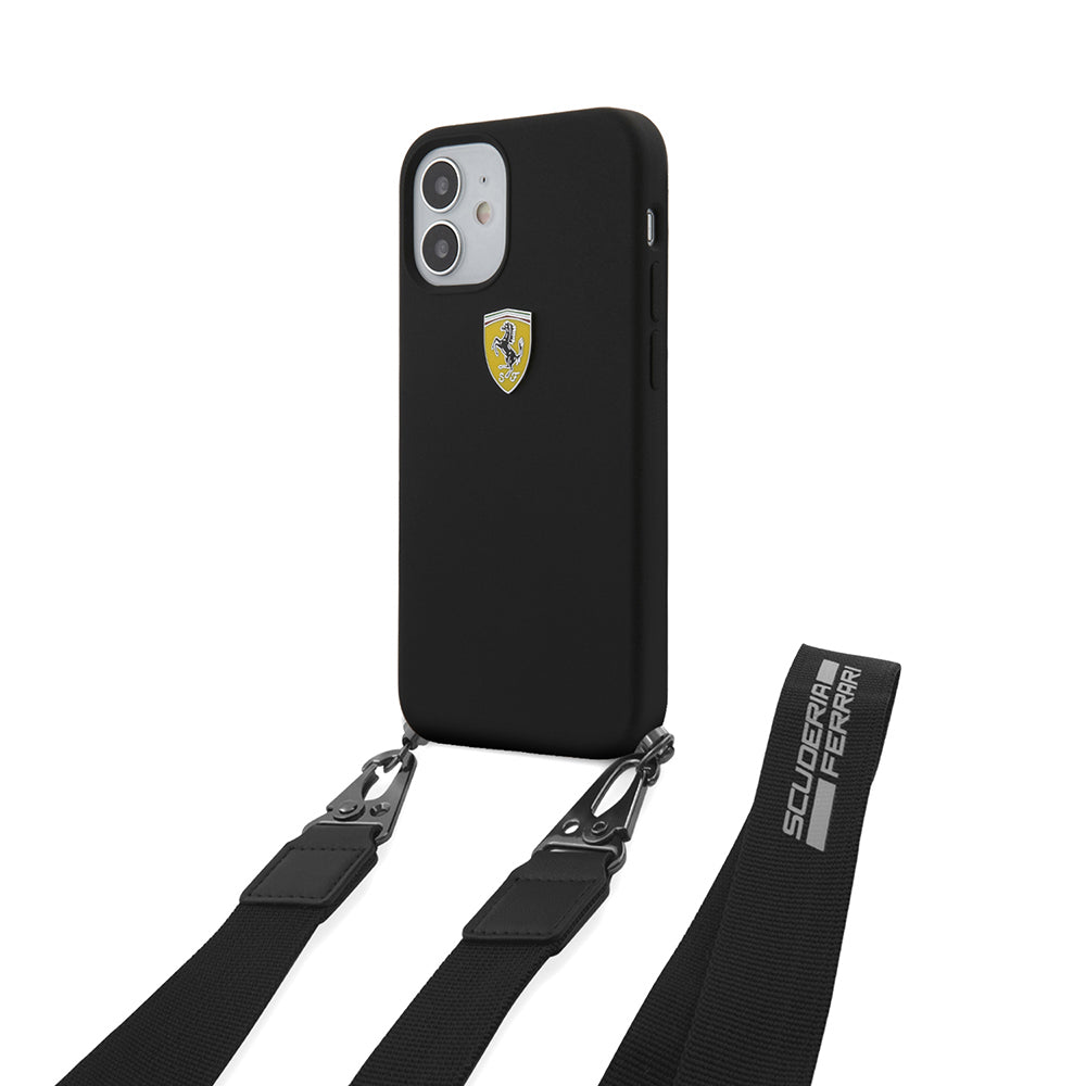Apple iPhone 12 Kılıf Ferrari Orjinal Lisanslı Askılı Metal Logolu Kapak Siyah