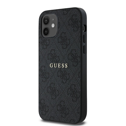 Apple iPhone 12 Kılıf Guess Orjinal Lisanslı M-safe Şarj Özellikli 4G Desen Yazı Logolu Kapak Kahverengi