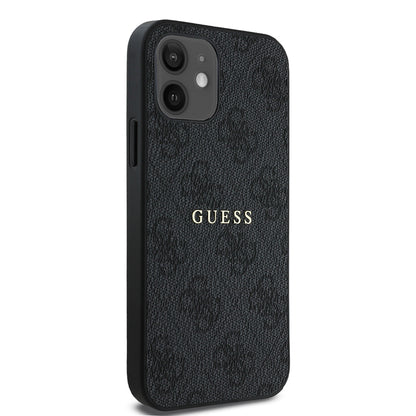 Apple iPhone 12 Kılıf Guess Orjinal Lisanslı M-safe Şarj Özellikli 4G Desen Yazı Logolu Kapak Siyah