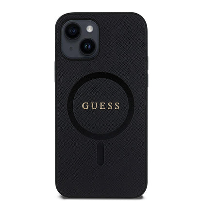 Apple iPhone 12 Kılıf Guess Orjinal Lisanslı M-safe Şarj Özellikli Yazı Logolu Saffiano Classic Kapak Siyah