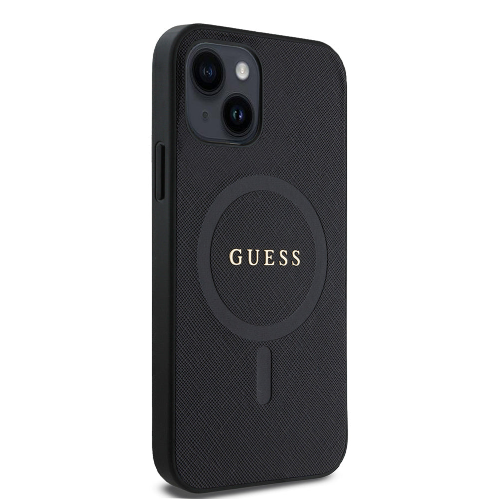 Apple iPhone 12 Kılıf Guess Orjinal Lisanslı M-safe Şarj Özellikli Yazı Logolu Saffiano Classic Kapak Siyah