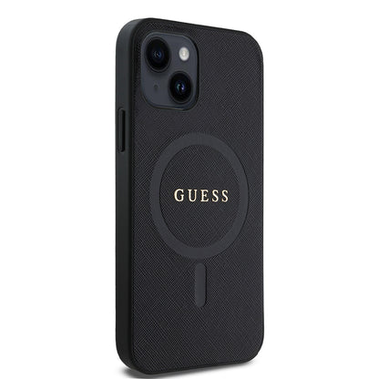 Apple iPhone 12 Kılıf Guess Orjinal Lisanslı M-safe Şarj Özellikli Yazı Logolu Saffiano Classic Kapak Siyah