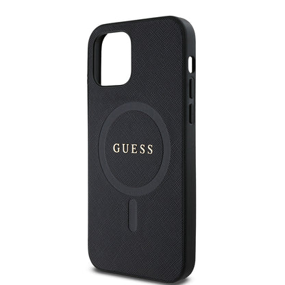 Apple iPhone 12 Kılıf Guess Orjinal Lisanslı M-safe Şarj Özellikli Yazı Logolu Saffiano Classic Kapak Siyah