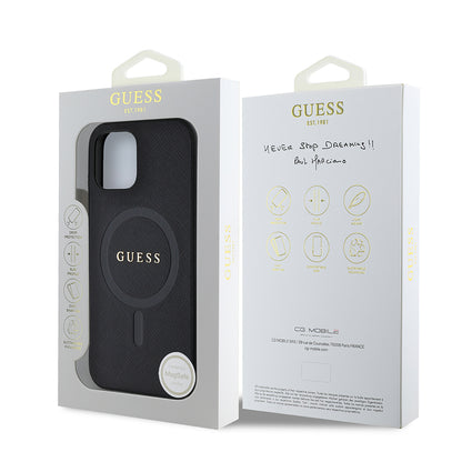 Apple iPhone 12 Kılıf Guess Orjinal Lisanslı M-safe Şarj Özellikli Yazı Logolu Saffiano Classic Kapak Siyah