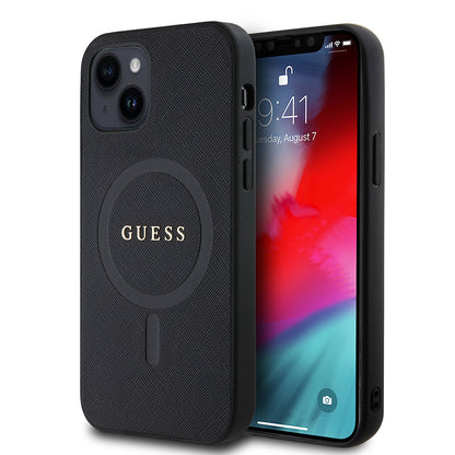 Apple iPhone 12 Kılıf Guess Orjinal Lisanslı M-safe Şarj Özellikli Yazı Logolu Saffiano Classic Kapak Siyah