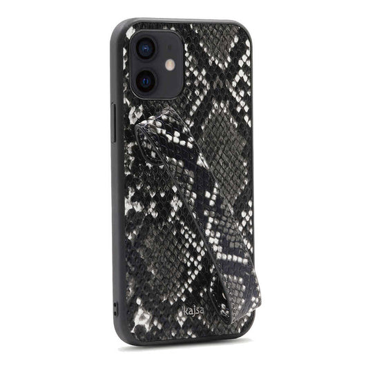 Apple iPhone 12 Kılıf Kajsa Glamorous Serisi Snake Handstrap Kapak Siyah