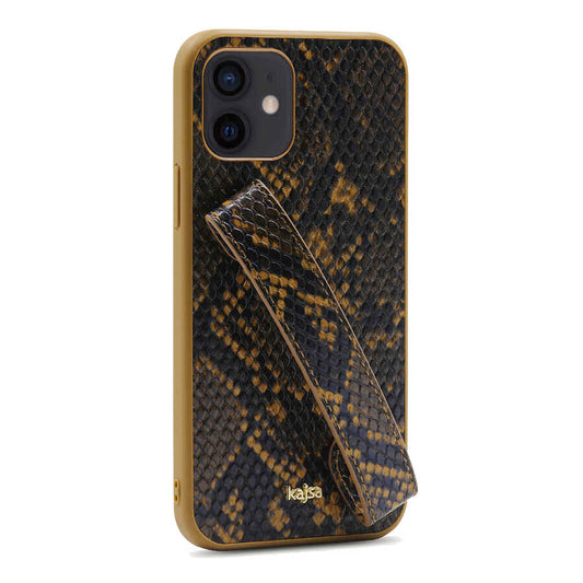 Apple iPhone 12 Kılıf Kajsa Glamorous Serisi Snake Handstrap Kapak Sarı