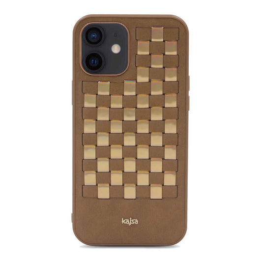 Apple iPhone 12 Kılıf Kajsa Preppie Serisi Spotlight Woven Kapak Gold