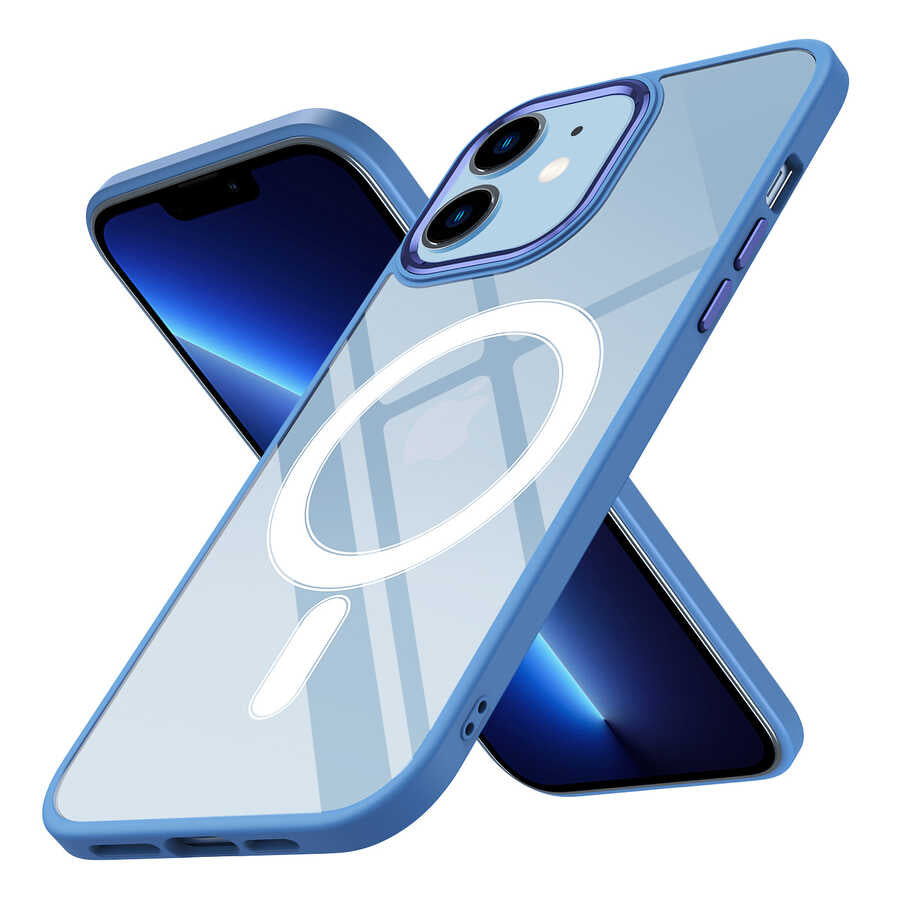 Apple iPhone 12 Kılıf Wireless Şarj Özellikli Zore Krom M-safe Silikon Kapak Mavi