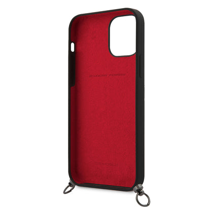 Apple iPhone 12 Pro Kılıf Ferrari Orjinal Lisanslı Askılı Metal Logolu Kapak Siyah