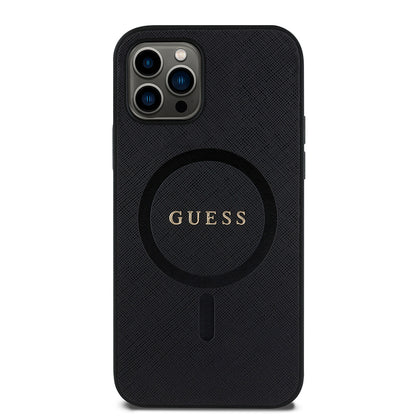 Apple iPhone 12 Pro Kılıf Guess Orjinal Lisanslı M-safe Şarj Özellikli Yazı Logolu Saffiano Classic Kapak Siyah