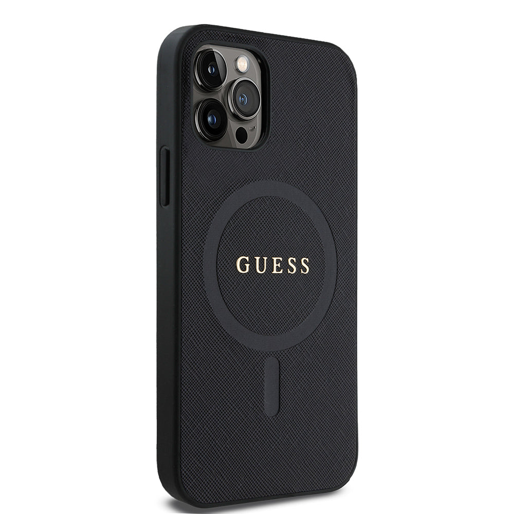 Apple iPhone 12 Pro Kılıf Guess Orjinal Lisanslı M-safe Şarj Özellikli Yazı Logolu Saffiano Classic Kapak Siyah