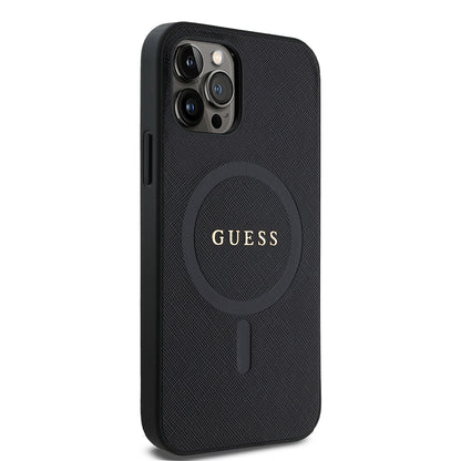 Apple iPhone 12 Pro Kılıf Guess Orjinal Lisanslı M-safe Şarj Özellikli Yazı Logolu Saffiano Classic Kapak Siyah