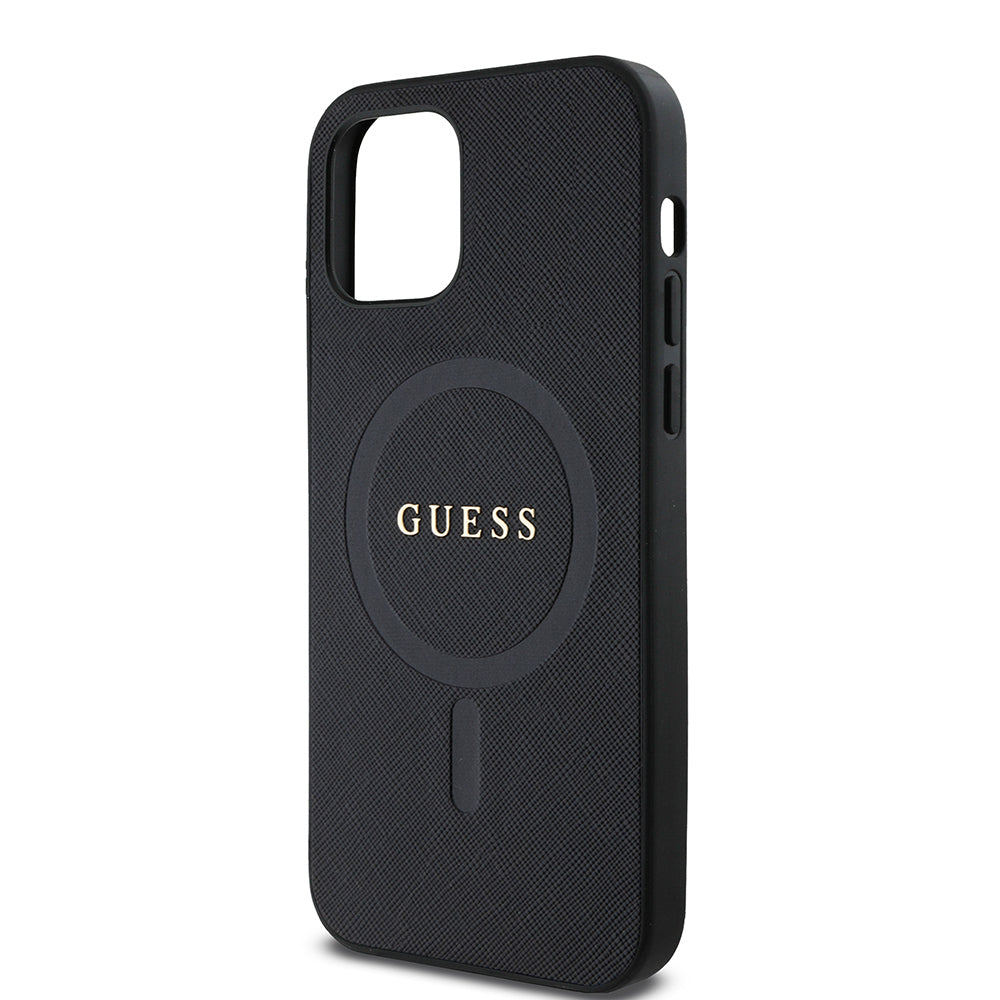 Apple iPhone 12 Pro Kılıf Guess Orjinal Lisanslı M-safe Şarj Özellikli Yazı Logolu Saffiano Classic Kapak Siyah