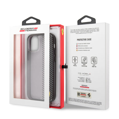 Apple iPhone 12 Pro Max Kılıf Ferrari Orjinal Lisanlı Klasik Metal Logolu Transparan Çizgi Desenli Gradient Kapak Siyah