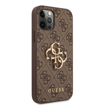Apple iPhone 12 Pro Max Kılıf Guess Orjinal Lisanslı PU Deri Büyük Metal Logo Dizaynlı Kapak Kahverengi