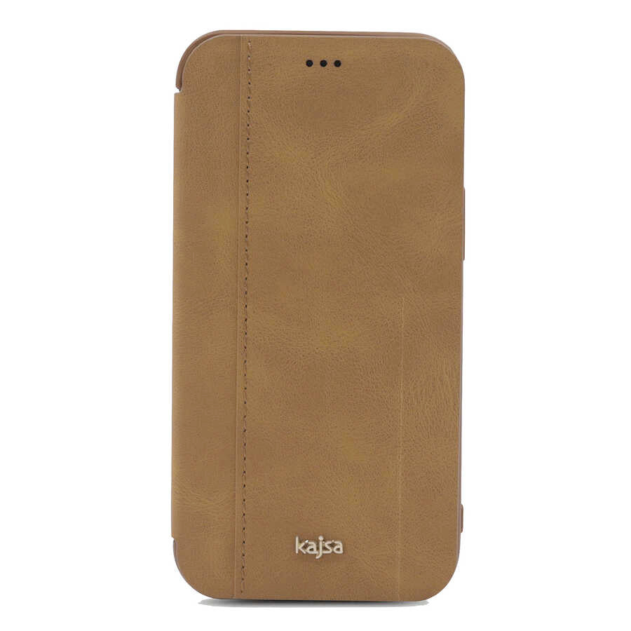 Apple iPhone 12 Pro Max Kılıf Kajsa Dale Serisi Parallel PU Folio Kapaklı Kılıf Kahve Açık