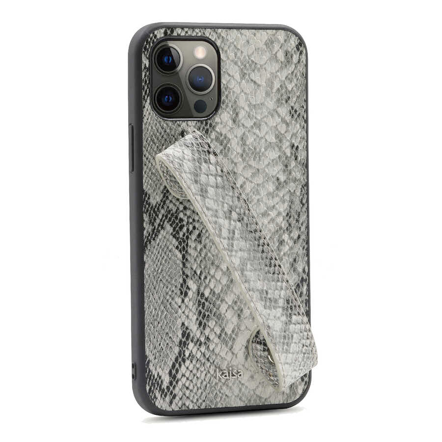 Apple iPhone 12 Pro Max Kılıf Kajsa Glamorous Serisi Snake Handstrap Kapak Gri