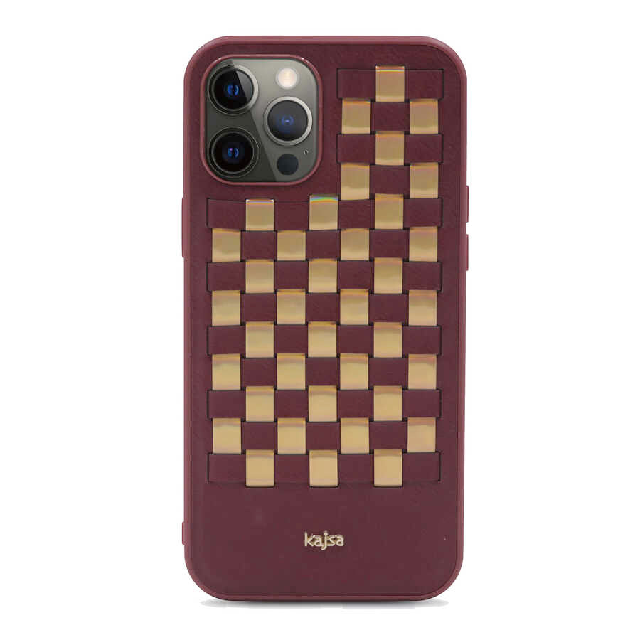 Apple iPhone 12 Pro Max Kılıf Kajsa Preppie Serisi Spotlight Woven Kapak Bordo